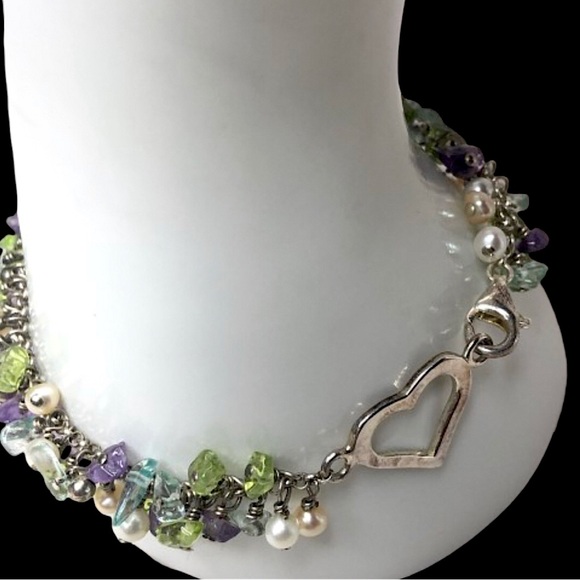 STERLING SILVER Cha Cha Gem Bracelet w/ Heart Charm Peridot Topaz Amethyst Pearl - Picture 6 of 12